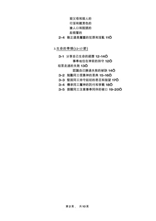 殺父母和殺人的
       行淫和親男色的
       搶人口和說謊的
       起假誓的
  2-4 敵正道是屬靈的犯罪和淫亂 11’


3.生命的帶領 (12-17 節 )

  3-1 分享自己生命的經歷 12-14’
        事奉地位在神前的持守 12’
  坦言走過的失敗 13’
        認識自己勝過失敗的袐訣 14’
  3-2 勉勵同工信靠神的恩典 15-16’
  3-3 堅固同工持守起初的恩召和指望 17’
  3-4 傳承同工屬神的託付和爭戰 18’
  3-5 提醒同工注意事奉同伴的破口 19-20’




      第 2 頁，　共 10 頁
 