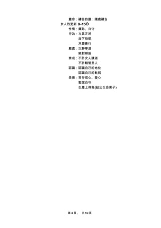 靈命：禱告的靈：隨處禱告
女人的更新 9-15’
   性情：廉恥、自守
   行為：衣裳正派
      放下物慾
      只要善行
   難處：沉靜學道
      絕對順服
   禁戒：不許女人講道
      不許轄管男人
   認識：認識自己的地位
      認識自己的軟弱
   美德：常存信心、愛心
      聖潔自守
      生產上得救(結出生命果子)




  第 4 頁，　共 10 頁
 