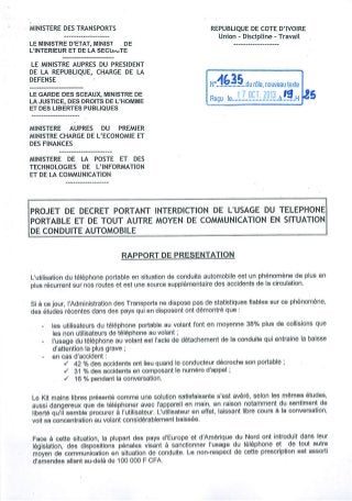 Loi N°1635 du 17-10-2013 portant sur l'interdiction du telephone au volant en Côte d'Ivoire