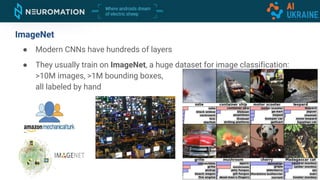 ImageNet
● Modern CNNs have hundreds of layers
● They usually train on ImageNet, a huge dataset for image classification:
>10M images, >1M bounding boxes,
all labeled by hand
 
