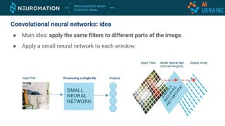 Processing a single tile
Convolutional neural networks: idea
● Main idea: apply the same filters to different parts of the image.
● Apply a small neural network to each window:
 