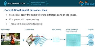 Convolutional neural networks: idea
● Main idea: apply the same filters to different parts of the image.
● Compress with max-pooling
● Then use the resulting features:
 