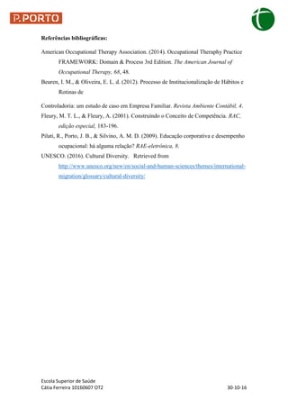 Escola Superior de Saúde
Cátia Ferreira 10160607 OT2 30-10-16
Referências bibliográficas:
American Occupational Therapy Association. (2014). Occupational Theraphy Practice
FRAMEWORK: Domain & Process 3rd Edition. The American Journal of
Occupational Therapy, 68, 48.
Beuren, I. M., & Oliveira, E. L. d. (2012). Processo de Institucionalização de Hábitos e
Rotinas de
Controladoria: um estudo de caso em Empresa Familiar. Revista Ambiente Contábil, 4.
Fleury, M. T. L., & Fleury, A. (2001). Construíndo o Conceito de Competência. RAC,
edição especial, 183-196.
Pilati, R., Porto, J. B., & Silvino, A. M. D. (2009). Educação corporativa e desempenho
ocupacional: há alguma relação? RAE-eletrônica, 8.
UNESCO. (2016). Cultural Diversity. Retrieved from
http://www.unesco.org/new/en/social-and-human-sciences/themes/international-
migration/glossary/cultural-diversity/
 