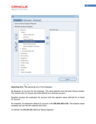 106 
Operating Unit. The operating unit of the employee. 
GL Account. GL Account for the employee. This value defaults from the Enter Person window. You cannot enter an account you have defined as a summary account. 
Payables overlays the employee's GL Account with the segment values defined for an Item's GL Account. 
For example, an employee's default GL Account is 01.000.000.000.6100. The expense report template you use has two expense item lines: 
Car Rental: 01.000.000.000.7650 (Car Rental Expense)  