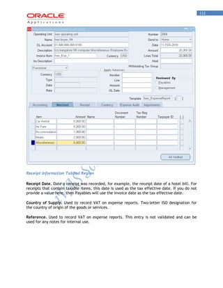 112 
Receipt Information Tabbed Region 
Receipt Date. Date a receipt was recorded, for example, the receipt date of a hotel bill. For receipts that contain taxable items, this date is used as the tax effective date. If you do not provide a value here, then Payables will use the invoice date as the tax effective date. 
Country of Supply. Used to record VAT on expense reports. Two-letter ISO designation for the country of origin of the goods or services. 
Reference. Used to record VAT on expense reports. This entry is not validated and can be used for any notes for internal use.  
