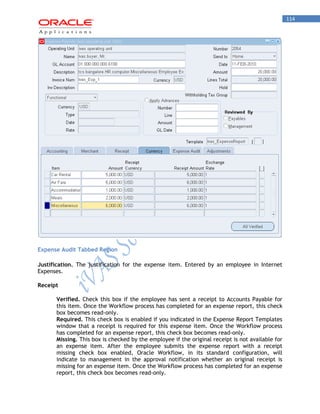 114 
Expense Audit Tabbed Region 
Justification. The justification for the expense item. Entered by an employee in Internet Expenses. 
Receipt 
Verified. Check this box if the employee has sent a receipt to Accounts Payable for this item. Once the Workflow process has completed for an expense report, this check box becomes read-only. 
Required. This check box is enabled if you indicated in the Expense Report Templates window that a receipt is required for this expense item. Once the Workflow process has completed for an expense report, this check box becomes read-only. 
Missing. This box is checked by the employee if the original receipt is not available for an expense item. After the employee submits the expense report with a receipt missing check box enabled, Oracle Workflow, in its standard configuration, will indicate to management in the approval notification whether an original receipt is missing for an expense item. Once the Workflow process has completed for an expense report, this check box becomes read-only.  