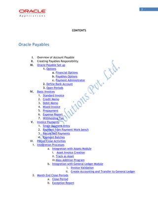 2 
CONTENTS 
Oracle Payables 
I. Overview of Account Payable 
II. Creating Payables Responsibility 
III. Oracle Payable Set up 
1. Options 
a. Financial Options 
b. Payables Options 
c. Payment Adminsitrator 
2. Define Bank Account 
3. Open Periods 
IV. Basic Invoices 
1. Standard Invoice 
2. Credit Memo 
3. Debit Memo 
4. Mixed Invoice 
5. Prepayment 
6. Expense Report 
7. Withholding Tax 
V. Invoice Payments 
1. Single payment entry 
2. Payment from Payment Work bench 
3. Reconciled Payments 
4. Payment Batches 
VI. Period Close Activities 
1. Integretion Processes 
a. Integretion with Assets Module 
i. Asset Invoice Creation 
ii. Track as Asset 
iii. Mass Addition Program 
b. Integretion with General Ledger Module 
i. Invoice Validation 
ii. Create Accounting and Transfer to General Ledger 
2. Month End Close Periods 
a. Close Period 
b. Exception Report  