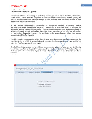20 
Encumbrance Financials Options 
To use encumbrance accounting or budgetary control, you must install Payables, Purchasing, and General Ledger. Use this region to enable encumbrance accounting and to specify the default encumbrance types Payables assigns to your invoices, and Purchasing assigns to your requisitions and purchase orders. 
If you enable encumbrance accounting or budgetary control, Purchasing creates encumbrances when you reserve funds for a requisition or purchase order. If you use the perpetual accrual method in Purchasing, Purchasing reverses purchase order encumbrances when you inspect, accept, and deliver the units. If you are using the periodic accrual method in Purchasing, Payables reverses the purchase order encumbrances when you create accounting entries for invoices. 
Payables creates encumbrances when there is a variance between a matched invoice and the purchase order to which it is matched, and when the invoice encumbrance type is different from the Purchasing encumbrance type. 
Oracle Financials provides two predefined encumbrance types that you can use to identify requisition, purchase order, and invoice encumbrances: Commitment and Obligation. You can define additional encumbrance types in Oracle General Ledger in the Encumbrance Types window. 
 