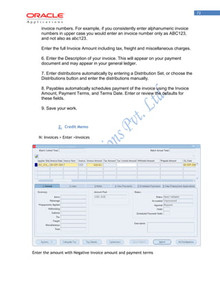 72 
invoice numbers. For example, if you consistently enter alphanumeric invoice numbers in upper case you would enter an invoice number only as ABC123, and not also as abc123. 
Enter the full Invoice Amount including tax, freight and miscellaneous charges. 
6. Enter the Description of your invoice. This will appear on your payment document and may appear in your general ledger. 
7. Enter distributions automatically by entering a Distribution Set, or choose the Distributions button and enter the distributions manually. 
8. Payables automatically schedules payment of the invoice using the Invoice Amount, Payment Terms, and Terms Date. Enter or review the defaults for these fields. 
9. Save your work. 
2. Credit Memo 
N: Invoices > Enter >Invoices 
Enter the amount with Negative invoice amount and payment terms  
