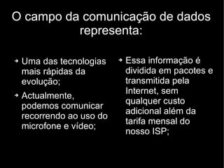 O campo da comunicação de dados representa: Uma das tecnologias mais rápidas da evolução; Actualmente, podemos comunicar recorrendo ao uso do microfone e vídeo;  Essa informação é dividida em pacotes e transmitida pela Internet, sem qualquer custo adicional além da tarifa mensal do nosso ISP; 