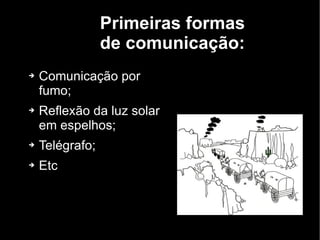 Comunicação por fumo; Reflexão da luz solar em espelhos; Telégrafo; Etc Primeiras formas de comunicação: 