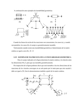 A continuación unos ejemplos de inestabilidad geométrica:
(b)
(b) (b)
(a)
(b)
(b)
Cuando las líneas de acción de las reacciones son concurrentes, los casos (a), y cuando
son paralelos, los casos (b), el cuerpo es geométricamente inestable.
Teóricamente cuando existe una inestabilidad geométrica el determinante de la matriz
estática es igual a cero (0), 0
B
1.5.5 EJEMPLO DE MATRIZ ESTATICA E INESTABILIDAD GEOMETRICA
Para el cuerpo indicado en la figura determine la matriz estática y la relación entre
las dimensiones M y L para que sea inestable geométricamente.
Por inspección de la figura podemos decir que será inestable si las tres direcciones de las
reacciones de los vínculos convergen en un solo punto por lo tanto para que esto suceda L
debe ser igual a 2N. Esto lo demostraremos también a partir de la matriz estática.
L
P/2 P
RD
H
A E
N N M
RD
V
B C
1 1
RB 2 /2 1 1
RB RC 2 /2
RC
 