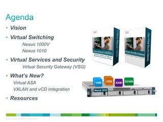 • Vision
• Virtual Switching
                            Nexus 1000V
                            Nexus 1010

• Virtual Services and Security
                            Virtual Security Gateway (VSG)

• What’s New?
                                                                   VSG         DCNM
            Virtual ASA                                      VSM         NAM

            VXLAN and vCD Integration

• Resources


© 2010 Cisco and/or its affiliates. All rights reserved.                              2
 