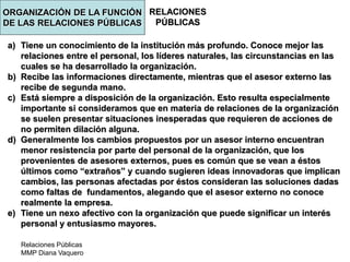 Relaciones Públicas
MMP Diana Vaquero
RELACIONES
PÚBLICAS
a) Tiene un conocimiento de la institución más profundo. Conoce mejor las
relaciones entre el personal, los líderes naturales, las circunstancias en las
cuales se ha desarrollado la organización.
b) Recibe las informaciones directamente, mientras que el asesor externo las
recibe de segunda mano.
c) Está siempre a disposición de la organización. Esto resulta especialmente
importante si consideramos que en materia de relaciones de la organización
se suelen presentar situaciones inesperadas que requieren de acciones de
no permiten dilación alguna.
d) Generalmente los cambios propuestos por un asesor interno encuentran
menor resistencia por parte del personal de la organización, que los
provenientes de asesores externos, pues es común que se vean a éstos
últimos como “extraños” y cuando sugieren ideas innovadoras que implican
cambios, las personas afectadas por éstos consideran las soluciones dadas
como faltas de fundamentos, alegando que el asesor externo no conoce
realmente la empresa.
e) Tiene un nexo afectivo con la organización que puede significar un interés
personal y entusiasmo mayores.
ORGANIZACIÓN DE LA FUNCIÓN
DE LAS RELACIONES PÚBLICAS
 