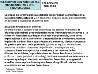 Relaciones Públicas
MMP Diana Vaquero
RELACIONES
PÚBLICAS
RELACIONES CON ACCIONISTAS,
INVERSIONISTAS Y ORG.
FINANCIADORAS
Los tipos de información que debería proporcionar la organización a
sus accionistas actuales y, en ocasiones, según el caso, a los accionistas
en potencia o inversores en general son:
Situación financiera en general
Además de dar a conocer a los accionistas los estados financieros, la
organización deberá proporcionarles otras informaciones relativas a la
situación financiera que hagan ésta más comprensible, tales como
explicaciones sobre la retención o repartición de dividendos, normas
legales de carácter fiscal que afecten a la empresa, ciertos conceptos
de gastos que sean de importancia (gastos en equipo, instalaciones,
asesorías recibidas, campañas de publicidad, investigación, etc),
comparaciones con ejercicios anteriores y las razones de las
diferencias notables, la posible situación financiera futura (estados
proforma o presupuestados si los hay), factores económicos externos a la
empresa que hayan afectado su situación financiera, y en general,
aquellas otras explicaciones que aclaren el significado de los datos
aparecidos en los estados financieros.
 