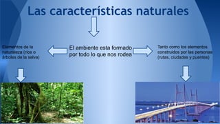 Las características naturales 
El ambiente esta formado 
por todo lo que nos rodea 
Elementos de la 
naturaleza (ríos o 
árboles de la selva) 
Tanto como los elementos 
construidos por las personas 
(rutas, ciudades y puentes) 
 