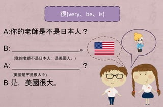 A:你的老師是不是日本人？
B: _________________。
A: _________________ ？
B: 是，美國很大。
很(very、be、is)
(我的老師不是日本人，是美國人。)
(美國是不是很大？)
 