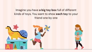 Imagine you have a big toy box full of different
kinds of toys. You want to show each toy to your
friend one by one
 