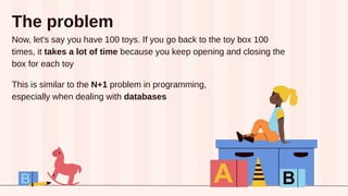 Now, let's say you have 100 toys. If you go back to the toy box 100
times, it takes a lot of time because you keep opening and closing the
box for each toy
This is similar to the N+1 problem in programming,
especially when dealing with databases
The problem
 