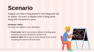 Scenario
Imagine you have a blog platform. Each blog post has
an author. You want to display a list of blog posts
along with the author's name.
Database Tables
You have two tables in your database:
• Posts table: Each row contains details of a blog post,
including the post's ID and the author's ID.
• Authors table: Each row contains details of an author,
including the author's ID and name.
 