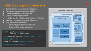 Confidential and Proprietary. Do not distribute without Couchbase consent. © Couchbase 2020. All rights reserved.
N1QL: Data Logical Containment
UDF foo()
UDF foo2()
_default
Couchbase Cluster (e.g.
Bucket (cxprof)
Scope (usa)
Collection
(profille)
Collection
(loginfo)
● Bucket contains one or more logical scopes
● Each scope contains collections & UDFs.
● Cluster->Bucket->Scope->Collection
● Cluster->Bucket->Scope->UDFs
● In N1QL, use the collection as a keyspace reference
● Use query_context to for shorter reference
● Fully Backward Compatible
○ All your bucket operations still work
○ Uses _default scope & collection
Scope (uk)
Scope (eu)
Scope
(_default)
SELECT l.profname AS name,
l.uspszip AS postalcode
FROM cxprof.usa.loginfo l where l.type = "login";
CREATE INDEX i1 ON
cxprof.usa.loginfo(profname, uspszip)
PARTITION BY HASH(META().id)
 