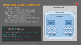 Confidential and Proprietary. Do not distribute without Couchbase consent. © Couchbase 2020. All rights reserved.
N1QL: Data Logical Containment
Couchbase Cluster
Bucket (cxprof)
Scope (usa)
Collection
(profille)
● Indexes per collection
○ Improved performance & resource usage
● Index names have to be unique PER collection
● All the index types are still supported
○ Partial, partitioned, expression, etc
○ Partial indexes on collections with multi doc types
● Supports large number of indexes
● Tools, query, explain are all enhanced to support it
SELECT profname AS name,
uspszip AS postalcode
FROM cxprof.usa.loginfo l where l.type = "login";
CREATE INDEX i1 ON
cxprof.usa.loginfo(profname, uspszip)
PARTITION BY HASH(META().id)
GSI Indexes
on profile
GSI Indexes
on loginfo
Collection
(loginfo)
 