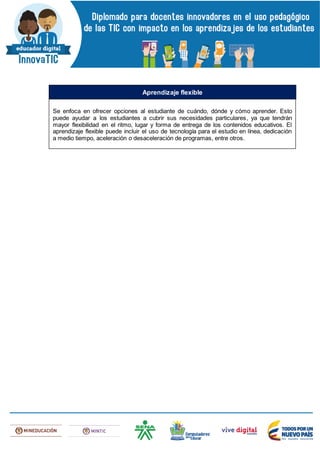 Se enfoca en ofrecer opciones al estudiante de cuándo, dónde y cómo aprender. Esto
puede ayudar a los estudiantes a cubrir sus necesidades particulares, ya que tendrán
mayor flexibilidad en el ritmo, lugar y forma de entrega de los contenidos educativos. El
aprendizaje flexible puede incluir el uso de tecnología para el estudio en línea, dedicación
a medio tiempo, aceleración o desaceleración de programas, entre otros.
Aprendizaje flexible
 