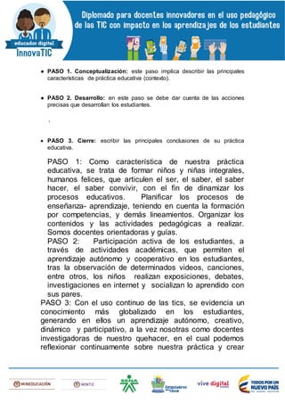 ● PASO 1. Conceptualización: este paso implica describir las principales
características de práctica educativa (contexto).
● PASO 2. Desarrollo: en este paso se debe dar cuenta de las acciones
precisas que desarrollan los estudiantes.
.
 PASO 3. Cierre: escribir las principales conclusiones de su práctica
educativa.
PASO 1: Como característica de nuestra práctica
educativa, se trata de formar niños y niñas integrales,
humanos felices, que articulen el ser, el saber, el saber
hacer, el saber convivir, con el fin de dinamizar los
procesos educativos. Planificar los procesos de
enseñanza- aprendizaje, teniendo en cuenta la formación
por competencias, y demás lineamientos. Organizar los
contenidos y las actividades pedagógicas a realizar.
Somos docentes orientadoras y guías.
PASO 2: Participación activa de los estudiantes, a
través de actividades académicas, que permiten el
aprendizaje autónomo y cooperativo en los estudiantes,
tras la observación de determinados videos, canciones,
entre otros, los niños realizan exposiciones, debates,
investigaciones en internet y socializan lo aprendido con
sus pares.
PASO 3: Con el uso continuo de las tics, se evidencia un
conocimiento más globalizado en los estudiantes,
generando en ellos un aprendizaje autónomo, creativo,
dinámico y participativo, a la vez nosotras como docentes
investigadoras de nuestro quehacer, en el cual podemos
reflexionar continuamente sobre nuestra práctica y crear
 