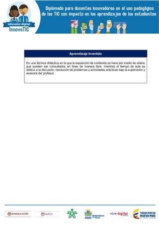 Es una técnica didáctica en la que la exposición de contenido se hace por medio de videos
que pueden ser consultados en línea de manera libre, mientras el tiempo de aula se
dedica a la discusión, resolución de problemas y actividades prácticas bajo la supervisión y
asesoría del profesor.
Aprendizaje Invertido
 