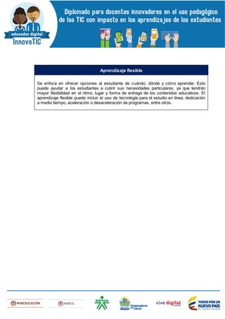 Se enfoca en ofrecer opciones al estudiante de cuándo, dónde y cómo aprender. Esto
puede ayudar a los estudiantes a cubrir sus necesidades particulares, ya que tendrán
mayor flexibilidad en el ritmo, lugar y forma de entrega de los contenidos educativos. El
aprendizaje flexible puede incluir el uso de tecnología para el estudio en línea, dedicación
a medio tiempo, aceleración o desaceleración de programas, entre otros.
Aprendizaje flexible
 