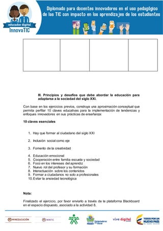 III. Principios y desafíos que debe abordar la educación para
adaptarse a la sociedad del siglo XXI.
Con base en los ejercicios previos, construya una aproximación conceptual que
permita perfilar 10 claves educativas para la implementación de tendencias y
enfoques innovadores en sus prácticas de enseñanza:
10 claves esenciales
1. Hay que formar al ciudadano del siglo XXI
2. Inclusión social como eje
3. Fomento de la creatividad
4. Educación emocional
5. Cooperación entre familia escuela y sociedad
6. Foco en los intereses del aprendiz
7. Nuevo rol del profesor y su formación
8. Interactuación sobre los contenidos
9. Formar a ciudadanos no solo a profesionales
10.Evitar la ansiedad tecnológica
Nota:
Finalizado el ejercicio, por favor enviarlo a través de la plataforma Blackboard
en el espacio dispuesto, asociado a la actividad 8.
 