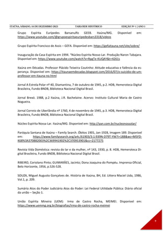 Grupo Espírita Eurípedes Barsanulfo GEEB. Itaúna/MG. Disponível em:
https://www.youtube.com/@grupoespiritaeuripedesbars3318/videos
Grupo Espírita Francisco de Assis – GEFA. Disponível em: https://gefaitauna.net/site/sobre/
Inauguração da Casa Espírita em 1994. “Núcleo Espirita Nosso Lar. Produção Naron Tabajara.
Disponível em: https://www.youtube.com/watch?v=RpgTe-KUQAY&t=4261s
Itaúna em Décadas. Professor Plácido Teixeira Coutinho: Atitude educativa e falência da es-
perança. Disponível em: https://itaunaemdecadas.blogspot.com/2016/07/o-suicidio-de-um-
professor-em-itauna-no.html
Jornal A Estrela Polar nº 40, Diamantina, 7 de outubro de 1945, p.2. HDB, Hemeroteca Digital
Brasileira, Fundo BNDB, Biblioteca Nacional Digital Brasil.
Jornal Brexó. 1988, p.2 Itaúna, J.R. Bachelaine. Acervo: Instituto Cultural Maria de Castro
Nogueira.
Jornal Correio de Uberlândia nº 1760, 4 de novembro de 1945, p.3. HDB, Hemeroteca Digital
Brasileira, Fundo BNDB, Biblioteca Nacional Digital Brasil.
Núcleo Espírita Nossa Lar. Itaúna/MG. Disponível em: http://yan.com.br/nucleonossolar/
Paróquia Santana de Itaúna – Family Search. Óbitos 1901, Jan-1928, Imagem 189. Disponível
em: https://www.familysearch.org/ark:/61903/3:1:939N-D79T-YW?i=188&wc=M5FD-
K68%3A370882003%2C369941902%2C370953901&cc=2177275
Revista Vida Doméstica: revista do lar e da mulher, nº 143, 1930, p. 8. HDB, Hemeroteca Di-
gital Brasileira, Fundo BNDB, Biblioteca Nacional Digital Brasil.
RIBEIRO, Coriolano Pinto; GUIMARÃES, Jacinto; Dona Joaquina do Pompéu. Imprensa Oficial,
Belo Horizonte, 1956, p.526-528.
SOUZA, Miguel Augusto Gonçalves de. História de Itaúna, BH, Ed. Littera Maciel Ltda, 1986,
Vol.1, p. 209.
Sumário Atos do Poder Judiciário Atos do Poder: Lei Federal Utilidade Pública: Diário oficial
da união – Seção 1.
União Espírita Mineira (UEM): Irma de Castro Rocha, MEIMEI. Disponível em:
https://www.uemmg.org.br/biografias/irma-de-castro-rocha-meimei
 