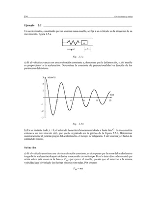 54                                                                                             Oscilaciones y ondas



Ejemplo      2.2 ___________________________________________________________________

Un acelerómetro, constituido por un sistema masa-muelle, se fija a un vehículo en la dirección de su
movimiento, figura 2.5.a.


                                                                  m

                                                a >                < x

                                                   Fig. 2.5.a

a) Si el vehículo avanza con una aceleración constante a, demostrar que la deformación, x, del muelle
es proporcional a la aceleración. Determinar la constante de proporcionalidad en función de los
parámetros del sistema.


                 3    x(cm/s)

                 2

                 1
                                                                                        t(s)

                                2              4                  6                8   10
                -1

                -2

                -3

                                                   Fig. 2.5.b

b) En un instante dado, t = 0, el vehículo desacelera bruscamente desde a hasta 0ms-2. La masa realiza
entonces un movimiento x(t), que queda registrado en la gráfica de la figura 2.5.b. Determinar
numéricamente el período propio del acelerómetro, el tiempo de relajación, τ, del sistema y el factor de
calidad del mismo.


Solución

a) Si el vehículo mantiene una cierta aceleración constante, es de esperar que la masa del acelerómetro
tenga dicha aceleración después de haber transcurrido cierto tiempo. Pero la única fuerza horizontal que
actúa sobre esta masa es la fuerza, Fm , que ejerce el muelle, puesto que al moverse a la misma
velocidad que el vehículo las fuerzas viscosas son nulas. Por lo tanto

                                                   Fm = ma




                                      © los autores, 1998; © Edicions UPC, 1998.
 