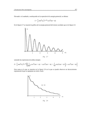 2 Oscilaciones libres amortiguadas                                                                             57




Elevando x al cuadrado y sustituyendo en la expresión de la energía potencial, se obtiene:

                                                  1
                                             U=     mω 2 A o 2 e-t/τ cos2 (ωt + φ)
                                                  2

En la figura 2.7 se muestra la gráfica de la energía potencial del mismo oscilador que en la figura 2.6

                        U




                                     1               2                 3                   4       5     t/s

                                                            Fig. 2.7

sumando las expresiones de ambas energías

                         1                                                                              
       mω 2 A o 2 e -t/τ 2 cos 2 (ω t + φ ) + sen 2 (ω t + φ ) +    sen2(ω t + φ)  + cos 2 (ω t + φ ) 
     1                                                              1
E=
     2                   4Q                                      2Q                                   

Esta suma es la que se muestra en la figura 2.8 en la que se puede observar un decrecimiento
exponencial al que se superpone un cierto rizado.


                              E




                                                          Q = 10




                                                                                                   t/s
                                         1            2              3               4         5

                                                            Fig. 2.8




                                              © los autores, 1998; © Edicions UPC, 1998.
 