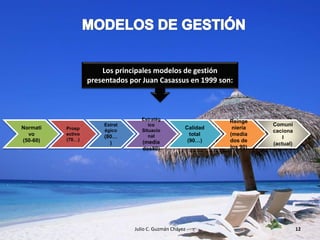 Julio C. Guzmán Chávez 12
Los principales modelos de gestión
presentados por Juan Casassus en 1999 son:
Normati
vo
(50-60)
Prosp
ectivo
(70…)
Estrat
égico
(80…
)
Estratég
ico
Situacio
nal
(media
dos80)
Calidad
total
(90…)
Reinge
niería
(media
dos de
los 90)
Comuni
caciona
l
(actual)
 