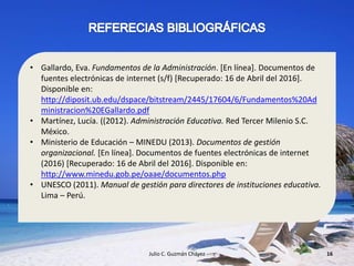 Julio C. Guzmán Chávez 16
• Gallardo, Eva. Fundamentos de la Administración. [En línea]. Documentos de
fuentes electrónicas de internet (s/f) [Recuperado: 16 de Abril del 2016].
Disponible en:
http://diposit.ub.edu/dspace/bitstream/2445/17604/6/Fundamentos%20Ad
ministracion%20EGallardo.pdf
• Martínez, Lucía. ((2012). Administración Educativa. Red Tercer Milenio S.C.
México.
• Ministerio de Educación – MINEDU (2013). Documentos de gestión
organizacional. [En línea]. Documentos de fuentes electrónicas de internet
(2016) [Recuperado: 16 de Abril del 2016]. Disponible en:
http://www.minedu.gob.pe/oaae/documentos.php
• UNESCO (2011). Manual de gestión para directores de instituciones educativa.
Lima – Perú.
 