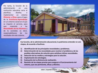 Por tanto, la función de la
administración en una
institución educativa sería el
planificar, diseñar, e
implementar un sistema
Eficiente y Eficaz para el logro
de la Enseñanza-Aprendizaje
en un entorno social en el que
se imparte el servicio, para
que responda a las
Necesidades de los Alumnos y
de la sociedad, es decir,
responsabilizarse de los
resultados de este sistema.
Esa función, de la administración educacional, la podríamos entender en seis
etapas, de acuerdo a Kaufman.
1) Identificación de las principales necesidades y problemas.
2) Determinación de las necesidades para resolver el problema y de las
posibles alternativas de solución para satisfacer dichas necesidades.
3) Selección de los medios y estrategias para la solución.
4) Implantación de estrategias.
5) Evaluación de la eficiencia de realización.
6) Revisión de las etapas previas para asegurar el funcionamiento del
sistema, que sea pertinente, eficaz y efectivo.
Julio C. Guzmán Chávez 4
 
