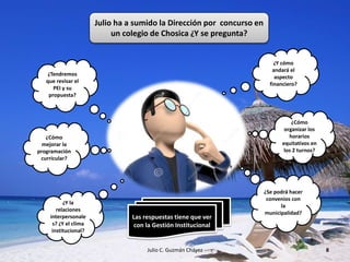 Julio C. Guzmán Chávez 8
¿Tendremos
que revisar el
PEI y su
propuesta?
¿Cómo
mejorar la
programación
curricular?
¿Y la
relaciones
interpersonale
s? ¿Y el clima
institucional?
¿Se podrá hacer
convenios con
la
municipalidad?
¿Cómo
organizar los
horarios
equitativos en
los 2 turnos?
¿Y cómo
andará el
aspecto
financiero?
Julio ha a sumido la Dirección por concurso en
un colegio de Chosica ¿Y se pregunta?
Las respuestas tiene que ver
con la Gestión Institucional
 