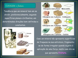 CLIVAGEM e fratura
Tendência que um mineral tem em se
dividir, preferencialmente, segundo
superfícies planas e brilhantes, em
determinadas direções bem definidas e
constantes.
Caso um mineral não apresenta superfícies
de fraqueza na sua estrutura, fragmenta-
se de forma irregular quando sujeito à
aplicação de uma força, neste caso diz-se
que apresenta fratura.
 