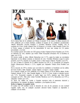 En la misma línea de lo señalado por Datum el pasado 10 de marzo, la última encuesta de
CPI, publicado por el diario Correo, confirma el repunte de los candidatos presidenciales
Alfredo Barnechea (Acción Popular) y Verónika Mendoza (Frente Amplio), tras la
exclusión de César Acuña (Alianza Para el Progreso) y la tacha a Julio Guzmán (Todos Por
el Perú), aunque el primero de los mencionados le saca una ventaja de 2.4 puntos
porcentuales a su rival.
En el primer puesto del sondeo de CPI aparece Keiko Fujimori (Fuerza Popular) con 37.6%
en intención de voto, mientras que Pedro Pablo Kuczynski (Peruanos Por el Kambio) le
sigue con 15.3%.
En tercera casilla se ubica Alfredo Barnechea con 11.7%, quien ha tenido un crecimiento
importante en las últimas semanas en intención de voto. Verónika Mendoza ocupa la cuarta
posición con 9.3%, dejando en el quinto puesto a Alan García (Alianza Popular) con 6.5%.
Lo que la llama la atención de la última encuesta de CPI es el crecimiento de Gregorio
Santos (Democracia Directa) a 2.1%, seguido por Alejandro Toledo (Perú Posible) con
1.4%.
De la encuesta de CPI se deduce que casi todos los candidatos se benefician con las salidas
de César Acuña y Julio Guzmán, aunque algunos en mayor y menor medida.
En el anterior estudio de CPI, publicado en el diario Exitosa el 26 de febrero último, Keiko
Fujimori obtenía 33,7%, Julio Guzmán llegaba a 18,3% y César Acuña se ubicaba tercero
con 7,3%. Kuczynski ocupaba el cuarto lugar con 6,8%, mientras que Alan García
conseguía un 6,4%. Más atrás venían Verónika Mendoza con 4.1%, Barnechea con 3.8% y
Alejandro Toledo con 1.8%.
Es decir, las salidas de Acuña y Guzmán movieron todo el panorama electoral y
determinaron los repuntes de algunos candidatos y las bajadas de otros.
Keiko se impone en segunda vuelta
El sondeo de CPI también revela la intención de voto de los peruanos en una eventual
segunda vuelta. Así, en cualquier escenario electoral Keiko Fujimori se impondría a
cualquier de sus rivales.
 