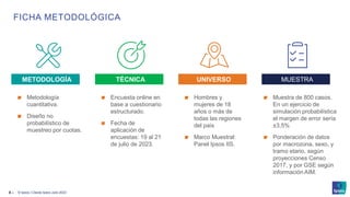 © Ipsos | Claves Ipsos Julio 2023
FICHA METODOLÓGICA
3 ‒
Metodología
cuantitativa.
Diseño no
probabilístico de
muestreo por cuotas.
METODOLOGÍA
Hombres y
mujeres de 18
años o más de
todas las regiones
del país
Marco Muestral:
Panel Ipsos IIS.
UNIVERSO
Muestra de 800 casos.
En un ejercicio de
simulación probabilística
el margen de error sería
±3,5%
Ponderación de datos
por macrozona, sexo, y
tramo etario, según
proyecciones Censo
2017, y por GSE según
información AIM.
MUESTRA
Encuesta online en
base a cuestionario
estructurado.
Fecha de
aplicación de
encuestas: 19 al 21
de julio de 2023.
TÉCNICA
 