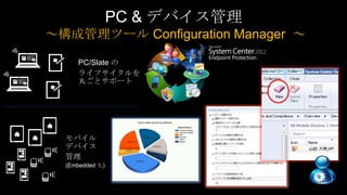 PC & デバイス管理
～構成管理ツール Configuration Manager ～

     PC/Slate の
     ライフサイクルを
     丸ごとサポート




  モバイル
  デバイス
  管理
  (Embedded も)
 