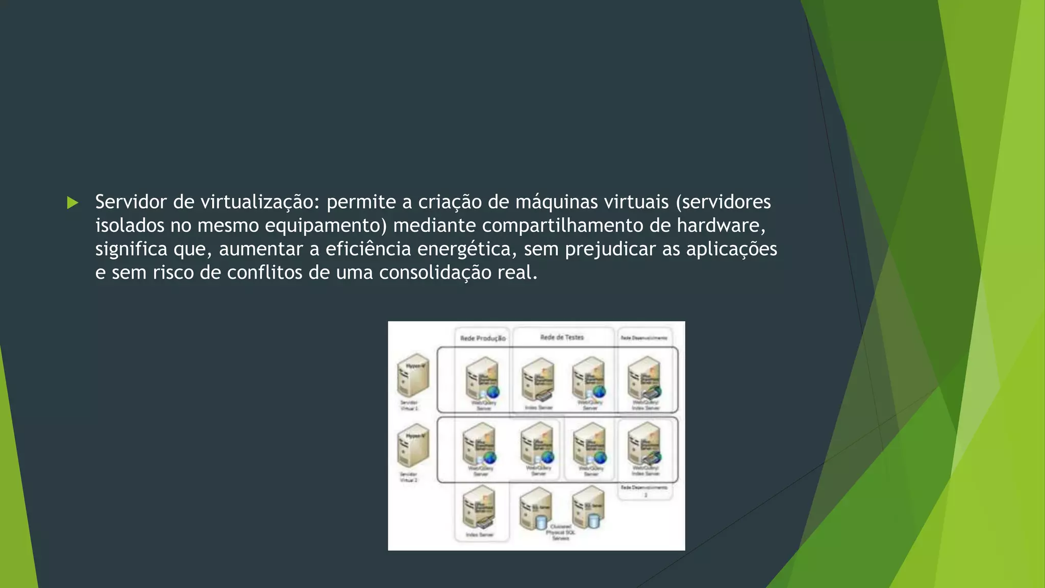  Servidor de virtualização: permite a criação de máquinas virtuais (servidores
isolados no mesmo equipamento) mediante compartilhamento de hardware,
significa que, aumentar a eficiência energética, sem prejudicar as aplicações
e sem risco de conflitos de uma consolidação real.
 