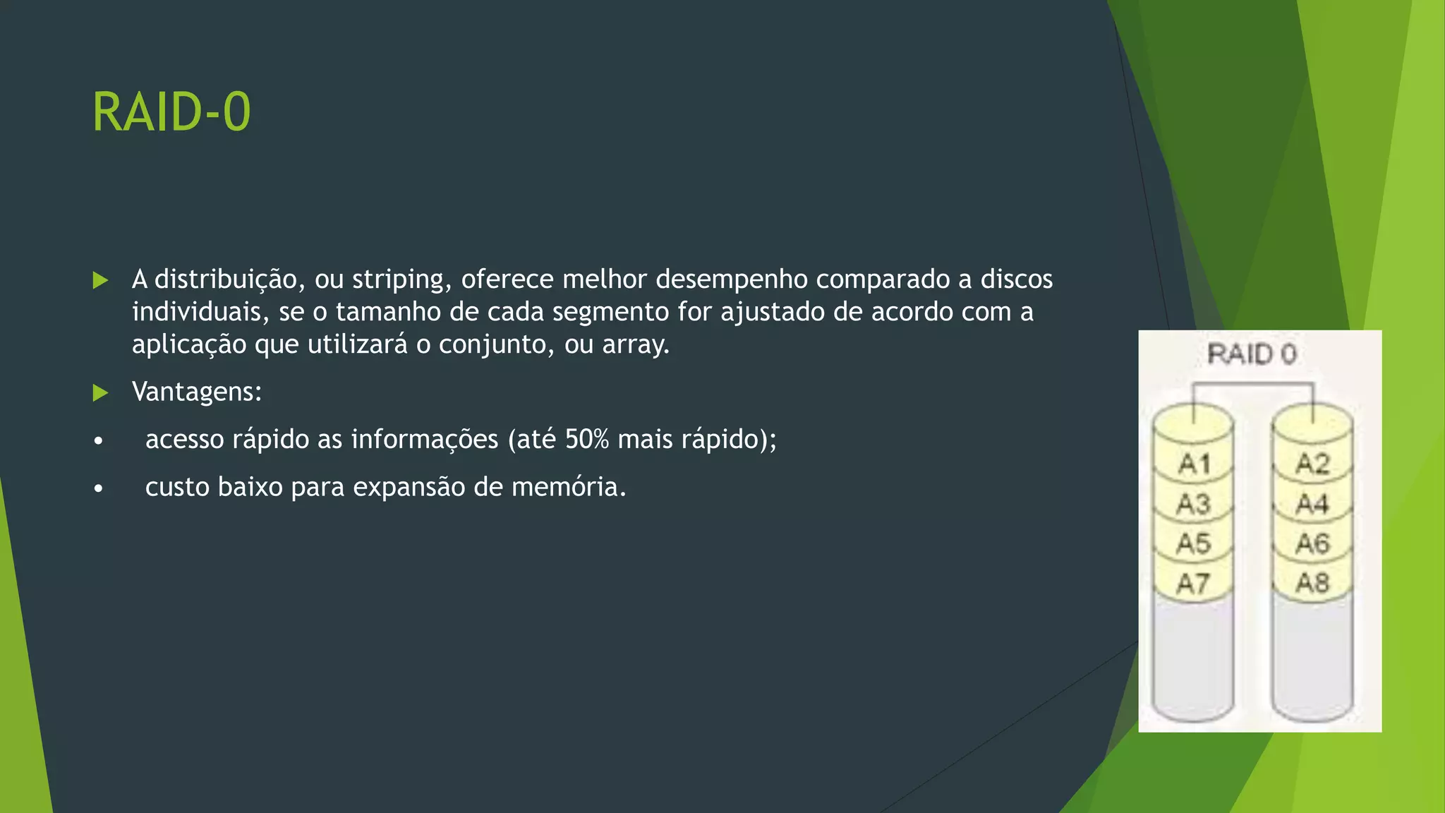 RAID-0
 A distribuição, ou striping, oferece melhor desempenho comparado a discos
individuais, se o tamanho de cada segmento for ajustado de acordo com a
aplicação que utilizará o conjunto, ou array.
 Vantagens:
• acesso rápido as informações (até 50% mais rápido);
• custo baixo para expansão de memória.
 