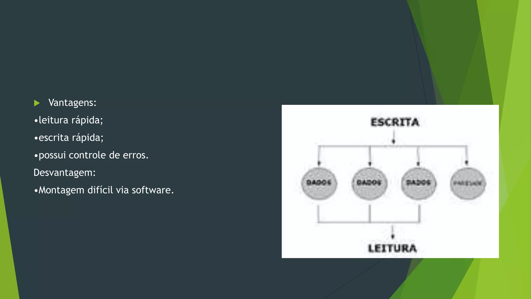  Vantagens:
•leitura rápida;
•escrita rápida;
•possui controle de erros.
Desvantagem:
•Montagem difícil via software.
 