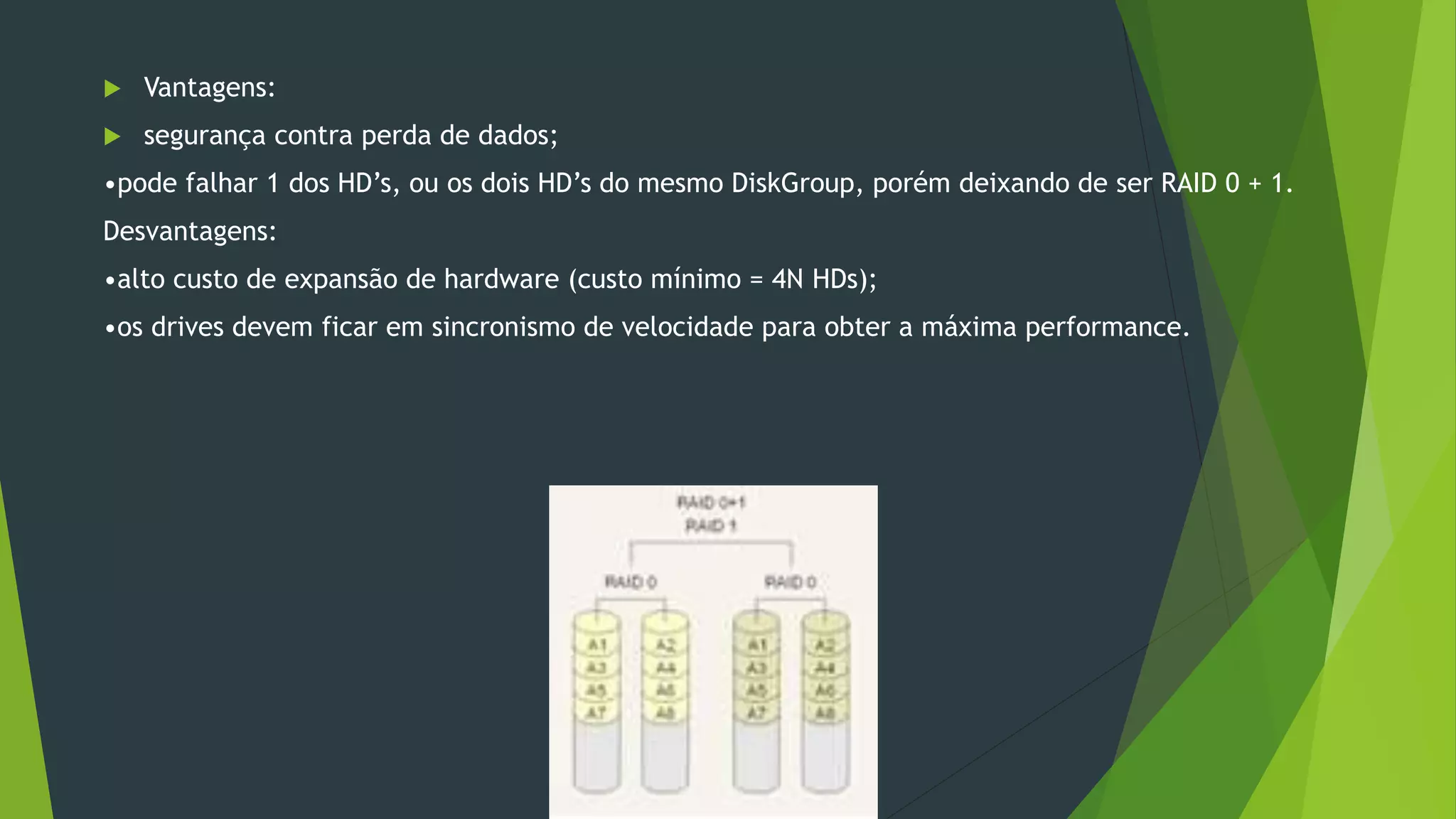  Vantagens:
 segurança contra perda de dados;
•pode falhar 1 dos HD’s, ou os dois HD’s do mesmo DiskGroup, porém deixando de ser RAID 0 + 1.
Desvantagens:
•alto custo de expansão de hardware (custo mínimo = 4N HDs);
•os drives devem ficar em sincronismo de velocidade para obter a máxima performance.
 