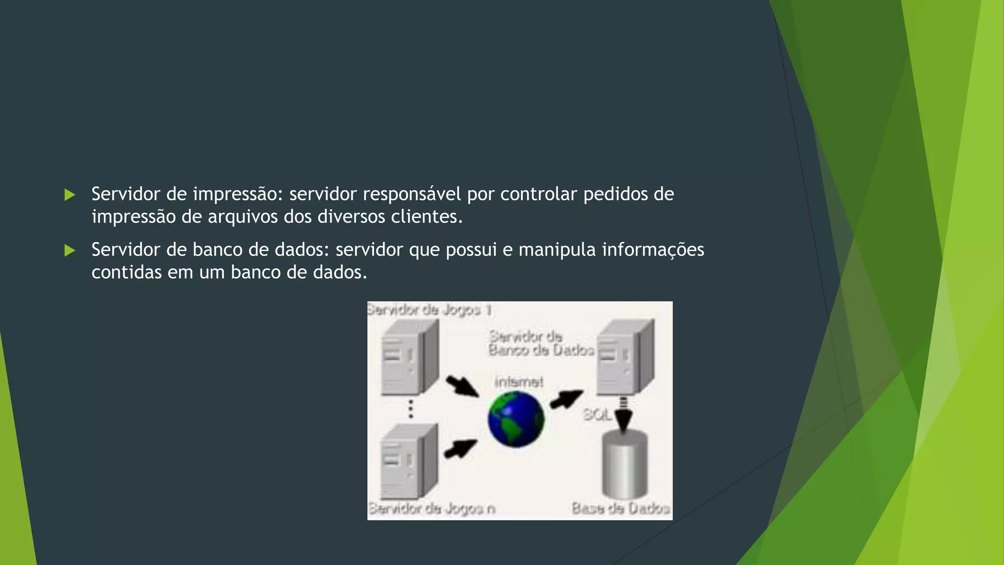  Servidor de impressão: servidor responsável por controlar pedidos de
impressão de arquivos dos diversos clientes.
 Servidor de banco de dados: servidor que possui e manipula informações
contidas em um banco de dados.
 