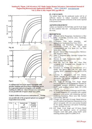Sandeep K. Nigam, A.K.Srivastava, S.P. Singh, Sanjay Kumar Srivastava / International Journal of
             Engineering Research and Applications (IJERA)      ISSN: 2248-9622 www.ijera.com
                                Vol. 2, Issue 4, July-August 2012, pp.108-113

                                                           IV. COCLUSION
                                                           The authors hope that the predicated results will be of
                                                           sufficient interest to induce researchers worldwide
                                                           take up the experimental verification of the results reported
                                                           in the present work.

                                                           AKNOWLEDGEMENT
                                                           Authors are thankful to Prof.S.P.Ojha and Dr.Vivek Singh
                                                           for their academic help and encouragement throughout
                                                           this work.

                                                           REFERENCES
                                                           [1]     A.Ghatak and K.Thyagarajan, Introduction to fiber
                                                                   optics, (Cambridge University press, Cambridge,
                                                                   England, 1999)
                                                           [2.]    N.S.Kapany, Fiber optics principles               and
                                                                   applications,( Acadmemic,New York, 1967)
                                                           [3]     A.K.Ghatak and B.Kulshaw, V.Nagrajan, and
                                                                   B.D.Kurana, (Trend in fiber and optical
Fig. (d)
                                                                   communications and Viva Book Pvt. Ltd. New
                                                                   Delhi, India, 1996)
                                                           [4]     KeiserG: Optical Fiber Communication.( McGrew-
                                                                   Hill, Singapore 1986.)
                                                           [5]     Tamir T: Integrated optics. (Springer Verlagm New
                                                                   York 1979)
                                                           [6]     Marcuse D: Light Transmission Optics . (Van
                                                                   Nostrand, New York 1972)
                                                           [7]     Dyott RB, Day CR, Brain MC: Glass Fiber
                                                                   waveguide with Triangular core. Electron Ltt. 9
                                                                   (1973) 228-290.
                                                           [8]     Kawakami S, Nishidha S: Characteristics of a
                                                                   doubly clad optical fiber with low index inner
                                                                   cladding. IEEE J. Quantum Electron. QE-10 (1974)
                                                                   879.
                                                           [9]     A.Kumar, V. Thyagranjan, and A.K. Ghatak,
                                                                   “Modal Anaylsis of rectangular core dielectric
                                                                   waveguides: An accurate perturbation approach”
                                                                   Opt. Lett. 8, (1983).63-65.
Fig.(e)
                                                           [10]    U.K. Singh, P. Khastgir, O.N. Singh: Modal
                                                                   analysis of annular optical waveguides bounded by
4. (a)Dispersion curves for square waveguide with                  non-coaxial dielectric cylindrical boundaries by
metallic cladding and (b)-(e),shows dispersion curves              Goell‟s point matching method. Optik 109 (1998)
for trapezoidal optical wave guides with metallic-                 150-154.
cladding for different values of transverse contraction    [11]    V. Mishra, P.K choudhury,P.Khastgir and S.P.Ojha.,
on one parallel side of square shape wave guide.                   An Modal Propgation of a wavguide with a regular
                                                                   pentagonal cross-section with conducting and non-
TABLE-1(Effect of transverse contraction (d t.c ) on the           conducting boundaries, Micro wave Opt. Technol
one parallel side of the proposed optical wave guide of            Lett 8 (1995). 280-282.
trapezoidal cross-section.                                 [12].   V.Singh, S.P. Ojha and L.K.singh, Modal behavior
                                                                   cut-off condition and dispersion characteristics of an
S.No       d t.c   Lowest cut-   Number                            optical waveguide with core cross-section bounded
                       off       of modes                          by two spirals ,Microwave and optical Technology
                   value(V C )    at V=8                           Letters, 21(1999) 121-124.
                                                           [13].   H.P. Singh, Vivek Singh and V.P.Arora Modal
  1.        D          2.8          3                             analysis and dispersion curves of curvilinear
  2.       D/2         2.9          4                             triangular cored light guide ,using Goell‟s point
  3.       D/3         3.0          4                             matching method, optik119,1(2008) 29-33.
  4.       D/4         3.1          5
  5.       D/5         3.4          6

                                                                                                         113 | P a g e
 