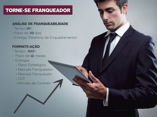 TORNE-SE FRANQUEADOR
ANÁLISE DE FRANQUEABILIDADE
•Tempo 16h
•Prazo de 30 dias
•Entrega (Relatório de Enquadramento)
FORMATE-AÇÃO
•Tempo 400h
• Prazo de 12 meses
• Entregas
› Plano Estratégico
› Manuais Franqueador
› Manuais Franqueado
› COF
› Minutas de Contrato
 