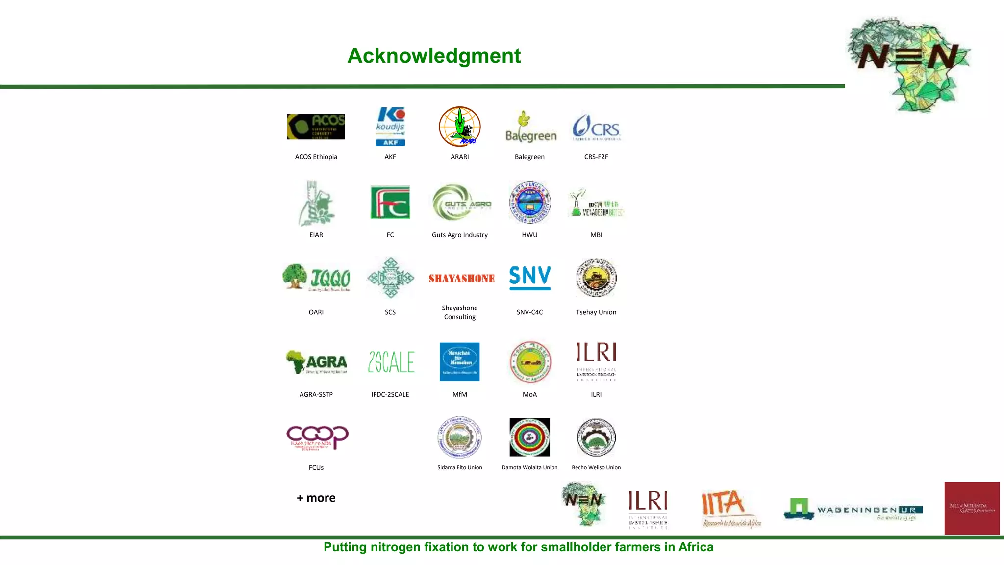 Putting nitrogen fixation to work for smallholder farmers in Africa
ACOS Ethiopia AKF ARARI Balegreen CRS-F2F
EIAR FC Guts Agro Industry HWU MBI
OARI SCS
Shayashone
Consulting
SNV-C4C Tsehay Union
AGRA-SSTP IFDC-2SCALE MfM MoA ILRI
FCUs Sidama Elto Union Damota Wolaita Union Becho Weliso Union
+ more
Acknowledgment
 
